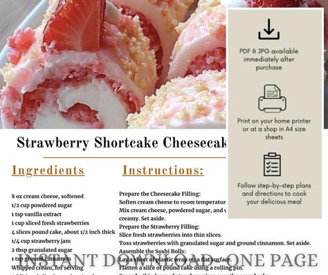 Strawberry Shortcake Sushi, Strawberry Shortcake Sushi Roll, No Bake Strawberry Desserts, Etsy Recipes, Fluffy Cheesecake Recipe, Recipe For Strawberry Shortcake, Strawberry Shortcake Cheesecake Recipe, Sushi Rolls Recipe, Sushi Dessert