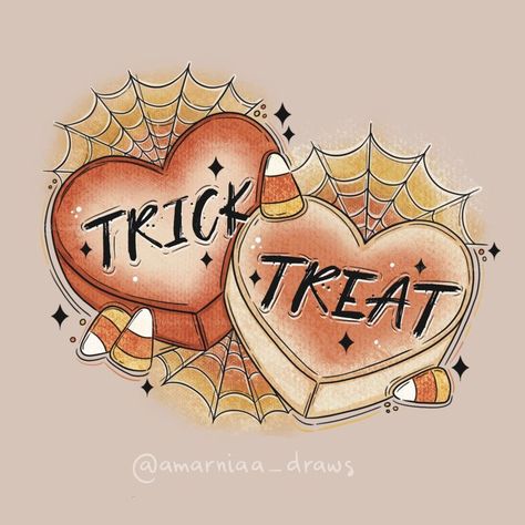 Spooky Candy Hearts, Halloween Candy Tattoo Ideas, Halloween Candy Tattoo, Spooky Season Drawings, Spooky Art Aesthetic, Candy Corn Tattoo, Cute Spooky Drawings, Trick Or Treat Drawing, Trick Or Treat Tattoo