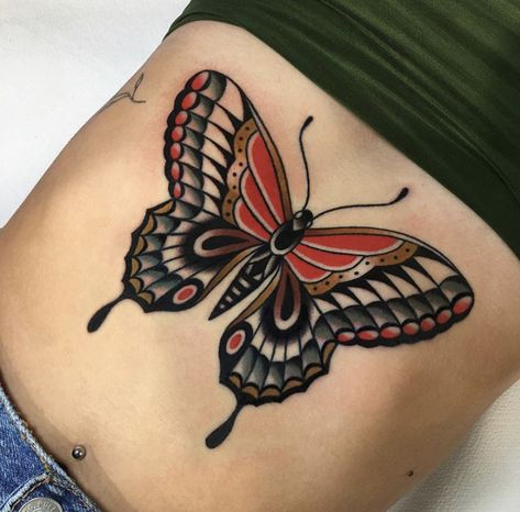 Trad Butterfly, Traditional Moth Tattoo, Traditional Butterfly Tattoo, Traditional Butterfly, Butterfly Tattoo Meaning, Traditional Tattoo Flowers, Belly Tattoos, Moth Tattoo, Old School Tattoo Designs