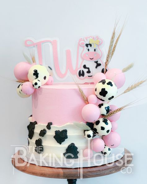 Buttercream Pink Cow Cake Girl Cow Cake Girly Cow Cake Pink Cow Cake 2nd Birthday, Pink Cow Cake Ideas, Cow Pink Cake, Moo Moo I’m Two Birthday Cake, Holy Cow I’m One Smash Cake Girl, Cow Heart Cake, Farm Cake For Girl, Pink Farm Cake 2nd Birthday, Moo Moo I’m Two Cake