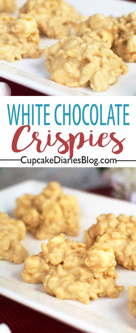 White Chocolate Crispies are loaded with peanut butter and white chocolate goodness. These no-bake treats are perfectly chewy and delicious! Chocolate Rice Crispy Treats, Chocolate Rice Crispy, Easy Bakes, Xmas Cookie, Party Snacks Easy, Chocolate Peanut Butter Cake, Cereal Snacks, Snacks Easy, Krispy Treats