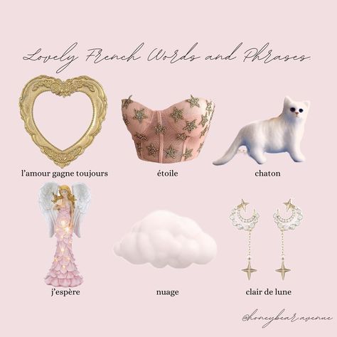 Melia Renée ♡.̫♡ on Instagram: “lovely words and phrases in French ♡ ik i didn’t add poodle as a word but the pink ones are so cute!! French for poodle is caniche ♡ what’s…” Cute Things To Say In French, Cute French Phrases Aesthetic, Sweet Words In French, French Sweet Words, Coquette French Words, Cute French Words, French Phrases, French Words, Pink