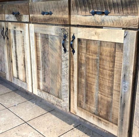 Rustic Wood Kitchen Cabinets, Rustic Cabinet Doors, Barn Wood Cabinets, Pallet Kitchen Cabinets, Reclaimed Wood Cabinet, Mountain House Ideas, Cabinet For Kitchen, Rustic Cabinet, Diy Cabinet Doors