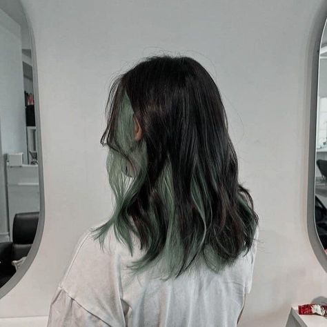 Black Hair Inspo Short, Hair Inspo Short, Short Hair Aesthetic, Underdye Hair, Hidden Hair Color, Dark Green Hair, Korean Hair Color, Hair Color Underneath, Peekaboo Hair