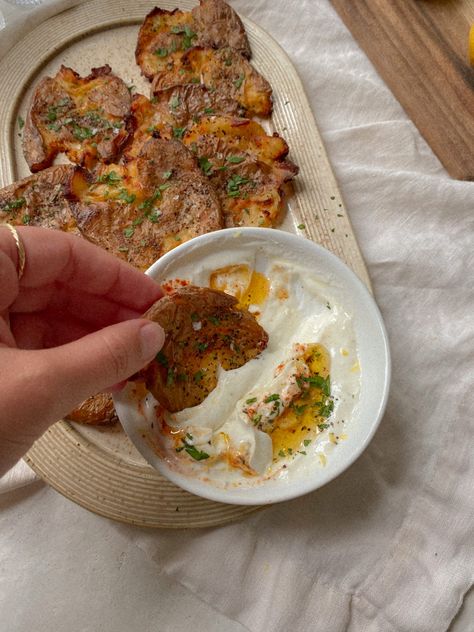 Crispy Smashed Potatoes with Lemon Garlic Yogurt Dip Garlic Yogurt, Crispy Smashed Potatoes, Yogurt Dip, Easy Side Dish, Smashed Potatoes, Veggie Side Dishes, Favorite Side Dish, Healthy Side Dishes, Veggie Sides