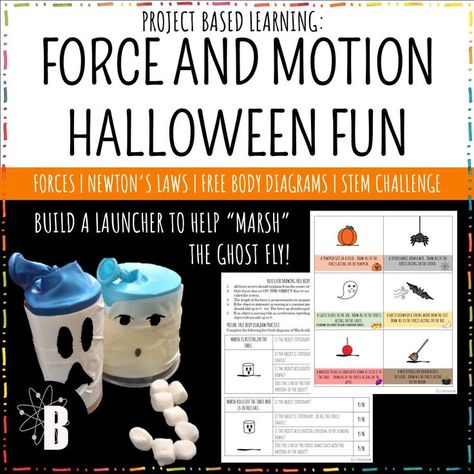 Build Marshmallow Launchers and explore Newton's Laws and Forces in this fun Halloween activity for your physical science class. Halloween Force And Motion, Force And Motion Halloween Activities, Force And Motion Activities, Balanced And Unbalanced Forces, Halloween Stations, Engineering Design Challenge, Halloween Classroom Activities, Motion Activities, Newton's Laws