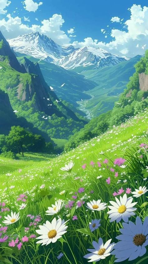 Ghibli Wallpaper Scenery, Dreamy Landscapes Painting, Aesthetic Anime Places, Ghibli Nature Wallpaper, Anime Landscape Drawing, Anime Beautiful Scenery, Dreamy Wallpaper Aesthetic, Ghibli Art Wallpaper, Anime Nature Aesthetic