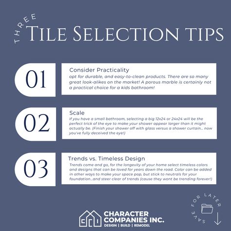 Talking Tile...When it comes to designing your home, go for durability and easy-to-clean materials. Trick the eye in a small bathroom with big tiles (12x24 or 24x24), and finish your shower with glass for that visual expansion. Trends may come and go, but timeless colors and designs last. Add pops of color in other ways, but stick to neutrals for your foundation. Practicality, scale, and the timeless vs. trendy dilemma—consider it all for a home that stands the test of time! Cleaning Materials, Design Your Home, Come And Go, Small Bathroom, The Expanse, Kitchens, Color Pop, Tile, Foundation