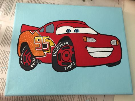 Lightning McQueen canvas painting Lightning Mcqueen Parking Spot, Car Painting Canvas Easy, Lighting Mcqueen Painting, Lightning Mcqueen Painting Easy, Cars Painting Disney Easy, Disney Cars Painting, Cars Painting Disney, Race Car Painting Canvas Easy, Lightning Mcqueen Painting Canvas