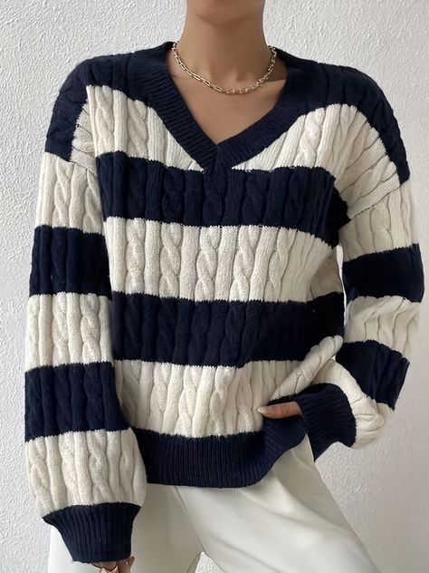 Faster shipping. Better service Pullover Outfit, Jacquard Sweater, Drop Shoulder Sweaters, Elegantes Outfit, Knitwear Tops, Pullover Shirt, Casual Sweaters, Fall Sweaters, Winter Sweaters