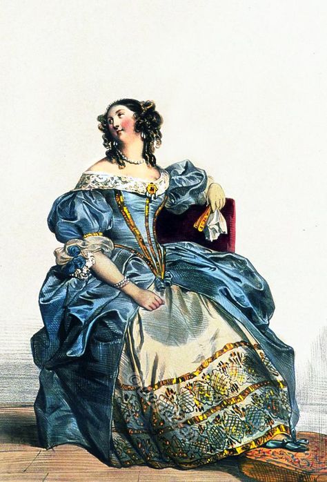 Louis XIV fashion. Court dress. French Ancien Régime. Baroque Fashion 17th Century, 17th Century Hairstyles, 17th Century Fashion Women, 1600 Dress, 1600 Fashion, 17th Century Dress, 17th Century Clothing, Baroque Dress, 17th Century Fashion