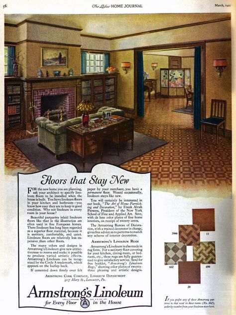 Armstrong Linoleum ad - living-room, 1921.  I'm keeping this in mind for our 1917 home. 1920 House Interior Ideas, 1920s House Interior, 1920s House Interior Design, 1920s Living Room, English Dining Room, 1920 House, 1920s Home Decor, 1920s Interior, 1920 Home