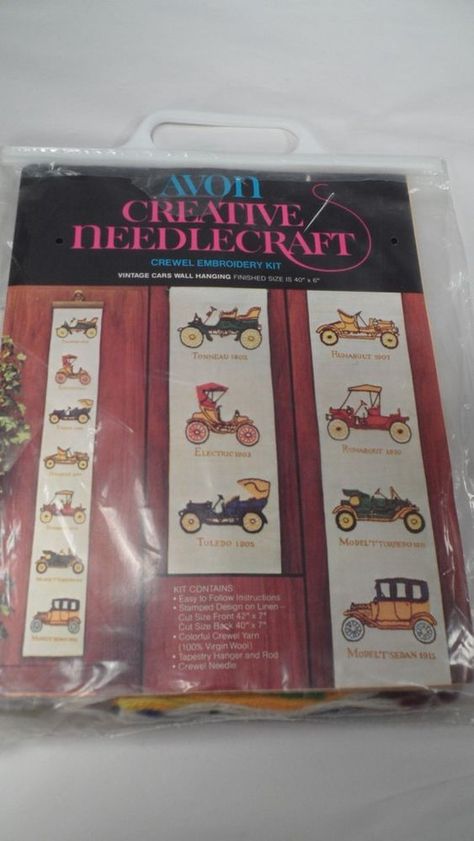 Vtg Avon Creative Needlecraft Vintage Cars Wall Hanging Crewel Embroidery Kit #Avon Tapestry Hanger, Yarn Tapestry, Retro Crafts, Crewel Embroidery Kits, Hand Embroidery Kits, Wool Tapestry, Needlepoint Designs, Crewel Embroidery, Model T