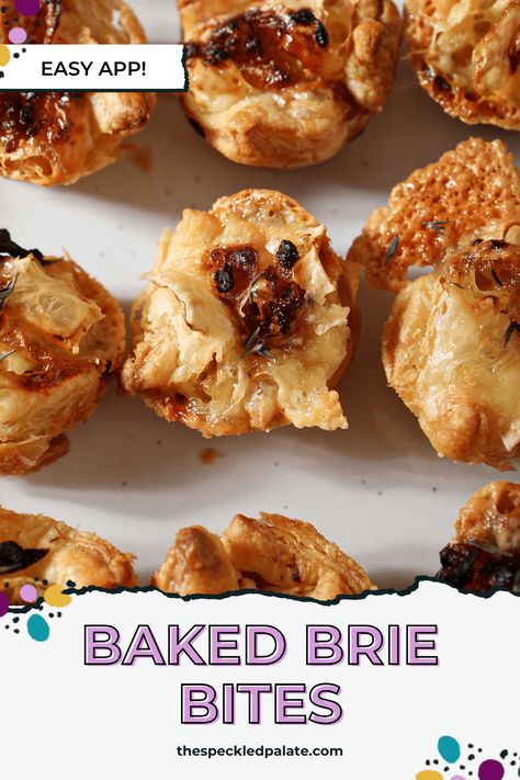 Want to make the perfect appetizer to serve this holiday season and beyond? These Baked Brie Bites combine creamy brie cheese with caramelized onion, fresh herbs and puff pastry. Learn how to make this easy appetizer recipe today! #EasyEntertaining #SpeckledPalate Baked Brie Bites, Creamy Brie, Best Party Appetizers, Brie Bites, Tailgating Recipes, Amazing Appetizers, Appetizers Recipes, Brie Cheese, Tailgate Food