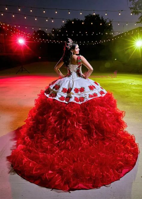 Red Suits For Chambelanes, Red Roses Quinceanera Dresses, Red Black And White Quinceanera Dress, Red Quince Theme Vaquera, Red Quinceanera Dresses With Roses, Quinceanera Red Theme Ideas, Ranchera Quinceanera Dresses, Colombian Quinceanera, Quince Dresses Mexican Theme