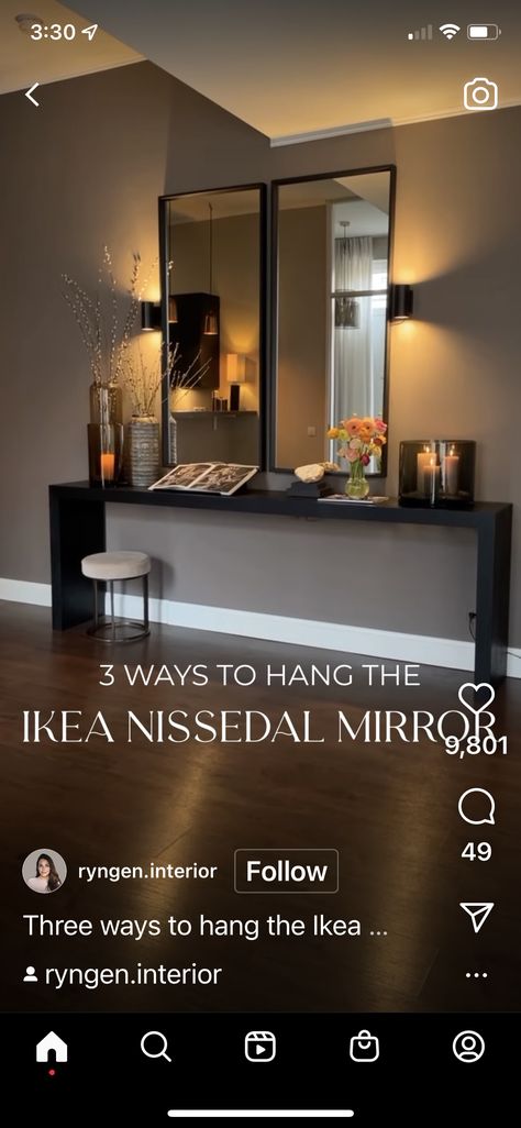 Ikea Nissedal Mirror, Nissedal Mirror, Ikea Nissedal, Picture Wall Living Room, Behind Couch, Work Studio, Entryway Mirror, Condo Ideas, Living Room Mirrors