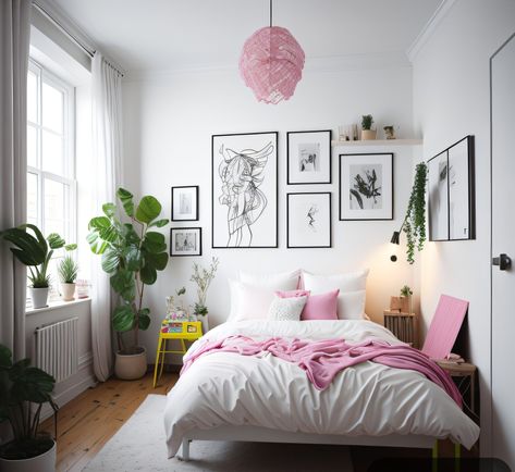 A white wall with a pink pillow and a white bed adorned with white pillows. Green plants and modern art frames in black and white are displayed, with a yellow stool nearby. White And Pale Pink Bedroom, Pink White And Black Bedroom, Pink Black White Bedroom, Pink Black And White Bedroom, Black White And Pink Bedroom, Pink And White Bedroom Ideas, Pale Pink Bedrooms, White And Pink Bedding, Pink And White Bedroom