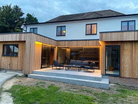 Building Cladding Ideas, House Wood Cladding Exterior, Cedar Cladding Exterior, Timber Extension Ideas, Oak Cladding Exterior, Cladded Extension, Wooden Cladding Extension, Wood And Render Exterior, Porch Cladding