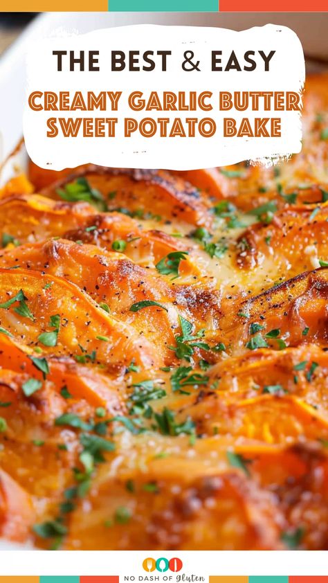 This Creamy Garlic Butter Sweet Potato Bake is the ultimate side dish—creamy, garlicky, and loaded with parmesan. Simple to make and sure to impress at any gathering! Save this recipe for a cozy family dinner or your next holiday feast. You’ll want to make it again and again. Try it out today! Garlic Sweet Potato Recipes, Sweet Potatoe Dish, Gluten Free Side Dishes Thanksgiving, Healthy Loaded Sweet Potato, Creamy Sweet Potatoes, Meals With Sweet Potatoes Dinners, Potato And Sweet Potato Recipes, Sides To Go With Ribs, Side Dishes Sweet Potato