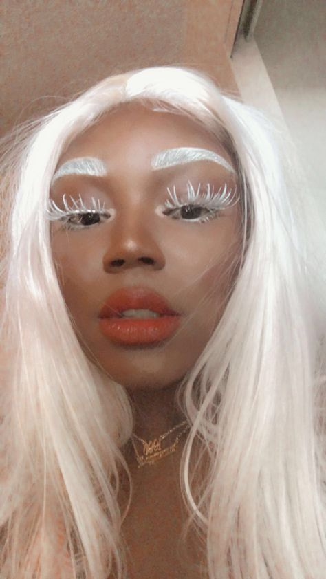 White wig, white lashes, white eyebrows Black And White Eyebrows, White Eyelashes Makeup Look, White False Eyelashes, White Eyebrows Aesthetic, White Hair White Eyebrows, White Tears Makeup, White Hair And Eyebrows, White Makeup Black Women, The White Rabbit Makeup