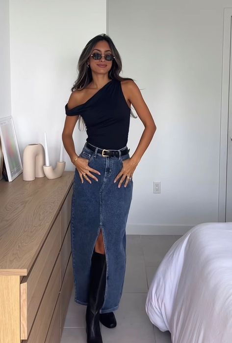 Jean Skirt Outfits, Long Jean Skirt, Denim Skirt Outfits, Europe Outfits, Long Denim Skirt, Looks Street Style, Ideas Aesthetic, Fashion Spring, Mode Inspo