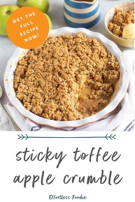 Indulge in the ultimate autumn dessert with this sticky toffee apple crumble recipe. Tart Bramley apples, sweet toffee sauce, and a crispy oat crumble topping. Yum Toffee Apple Dessert, Toffee Apple Crumble, Toffee Apple Crumble Recipe, Bramley Apple Recipes, Toffee Apples Recipe, Apple Crumble With Oats, Crumble Recipes, Oat Crumble Topping, Autumn Dessert