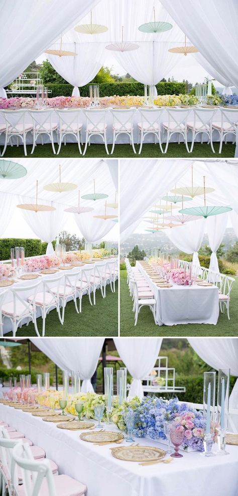 Beautiful pastel ombre bridal shower with suspending umbrellas // Ombre wedding decor ideas {Facebook and Instagram: The Wedding Scoop} Ombre Wedding Decor, Wedding Shower Brunch Decorations, Wedding Shower Brunch, Outdoor Bridal Showers, Brunch Decor, Pastel Ombre, Summer Bridal Showers, Ombre Wedding, Wedding Decor Ideas