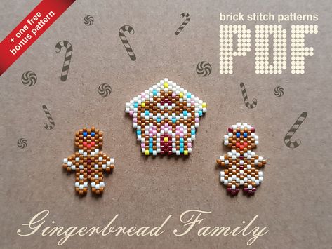 "Christmas bead pattern set for beading in brick stitch technique \"Gingerbread Family\" in PDF format. It is recommended to use beads Miyuki Delica 11/0. This listing includes a PDF file with four beading schematic patterns (\"Gingerbread Man\", \"Gingerbread Woman\", \"Gingerbread House\" + one FREE bonus pattern). Each beading schematic pattern includes:  - detailed Bead Legend with color, 11/0 Miyuki DB color code, name and exact bead count - large colored Bead Graph with a letter matching the bead legend Please note that instructions on how to stitch are not included.  You will need experience with brick stitch beading. INSTANT PDF DOWNLOAD File in PDF format will be available after confirmation of payment.  Etsy will send you a download notification email. This patterns is for person Christmas Seed Bead Patterns, Christmas Beaded Ornaments, Christmas Brick Stitch, Bead Weaving Patterns Free, Gingerbread Woman, Xmas Beads, Gingerbread Family, Gingerbread Lady, Seed Bead Jewelry Patterns