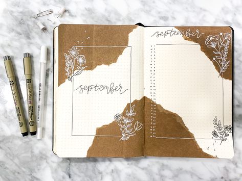 Brown Paper Bullet Journal Theme, flower and folige theme, white ink/white pen, Monthly Page Brown Pages Journal, Brown Bujo Theme, White Journal Ideas, Brown Journal Aesthetic, Brown Journal Ideas, Flower Journal Ideas, Brown Paper Journal, Simple Journal Ideas, Brown Journal