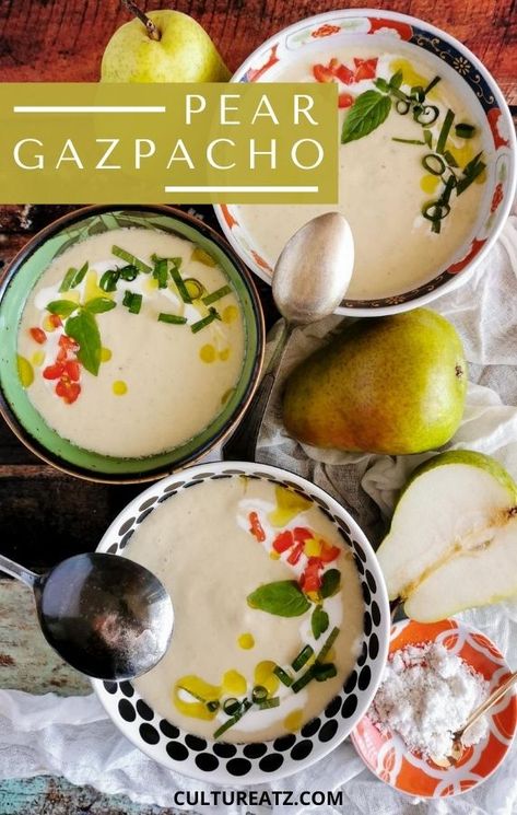 Beat the summer heat by staying cool with a bowl of refreshing savory Pear Gazpacho, inspired by the traditional Spanish cold soup. No stove required! @calpear #Gazpacho #bartlettpears #coldsoup #summerrecipes #eathealthy #gaspachosoup #lunchideas Savory Pear Recipes, Cold Soup Recipes, Summer Fruit Recipes, Warm Soup Recipes, Fresh Bread Crumbs, Gazpacho Recipe, Friends Recipes, Drink Inspiration, Cold Lunches