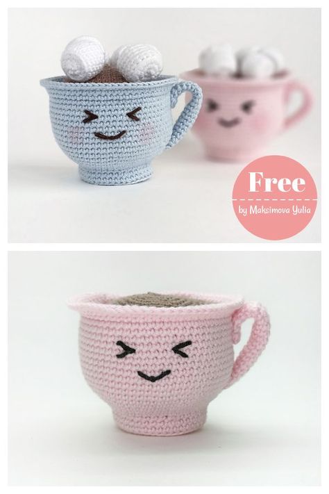 Amigurumi Tiny Cup Free Crochet Pattern Amigurumi Coffee Cup Free Pattern, Crochet Tea Cup Pattern Free, Cup Crochet Pattern, Crochet Tea Party, Crochet Figures, Crochet Tea Cup, Cup Crochet, Crochet Coffee Cup, Crochet Cushion Covers