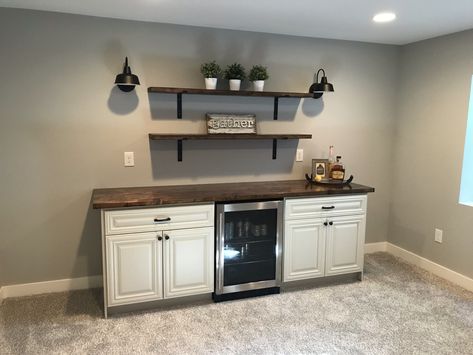 Basement Cabinets With Mini Fridge, Small Basement Bar Ideas Farmhouse, Family Room Snack Bar Ideas, Mini Bar In Basement, Small Bar Area In Basement, Mini Bar Basement, Diy Dry Bar With Mini Fridge, Basement Dry Bar, Basement Dry Bar Ideas