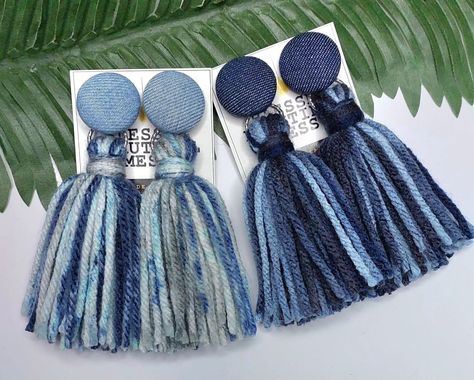 Inbox me to place your order today Button Earrings Long $19.50 Medium $17.50 pictured Short $15.50 Yarn Tassel Earrings Short $8.50 Medium $10.50 pictured Large $12.50 Yarn Tassel Earrings, Denim Tassel, Yarn Tassel, Crochet Necklace Pattern, Denim Earrings, Denim Crafts Diy, Tassel Earring, Denim Jewelry, Recycle Jeans