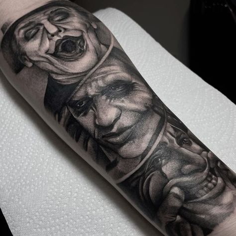 Joker Tattoo 🔫See no evil 🤡 Hear no evil 🤡 Speak no evil 🤡 See No Evil Tattoo, No Evil Tattoo, The Joker Illustration, Evil Tattoo, Heath Ledger Joker, Joker Tattoo, Hear No Evil, Speak No Evil, See No Evil