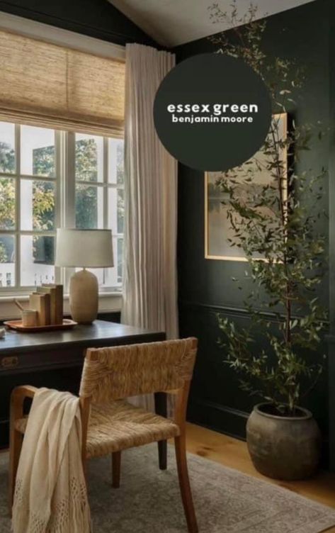 Dark Green Wall With Black Trim, Newburgh Green Benjamin Moore, Essex Benjamin Moore, Benjamin Moore Essex Green Bedroom, Black Walls Brown Trim, Dark Hunter Green Paint, Green Walls With Green Trim, Dark Green Walls White Trim, Dark Green Basement Walls