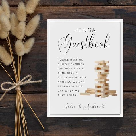 Use code BUNDLE30 to save 30% off when you purchase 3 or more items! Welcome to our Etsy shop! Add a unique and interactive touch to your wedding reception with our Jenga Guest Book Sign. This printable wedding guest book sign is designed to complement your Jenga guest book, creating a memorable and personalized experience for your guests. Simply download our Jenga Guestbook Sign Template on Canva and print it to display at your wedding venue. The sign beautifully instructs your guests to write their well wishes and advice on the Jenga blocks, creating a meaningful keepsake that you can enjoy for years to come. The Jenga sign serves as a charming reminder for guests to participate in this fun and interactive guest book activity. Let our Jenga Guest Book Sign be the perfect addition to your Personalized Jenga Blocks, Jenga Wedding Guest Book Sign, Wedding Jenga Guest Book, Wishing Well Sign Wedding, Jenga Guest Book Sign, Guest Book Jenga, Interactive Wedding Ideas, Jenga Wedding Guest Book, Wedding Jenga