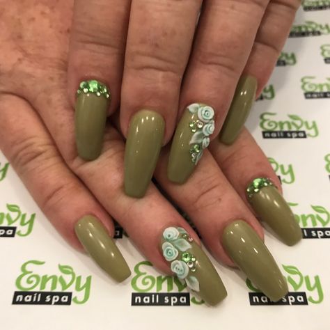 Olive Green, 3D Flowers, Swarovski Crystals, Rhinestone Nails - Envy Nail Spa Green Nails Gold, Green Flower Nails, Olive Green Nails, Olive Nails, Butterfly Nail Designs, 3d Flower Nails, Elegant Nail, Elegant Nail Art, Vibrant Nails