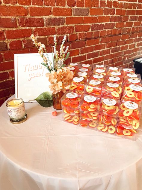 Peach Favor Ideas, Peach Candy Table, Peach Bridal Shower Theme, Peachy Baby Shower Ideas, Little Peach Baby Shower Ideas, Citrus Themed Baby Shower Ideas, A Sweet Little Peach Is On The Way, Baby Shower Peach Theme, Peach Themed Baby Shower Ideas