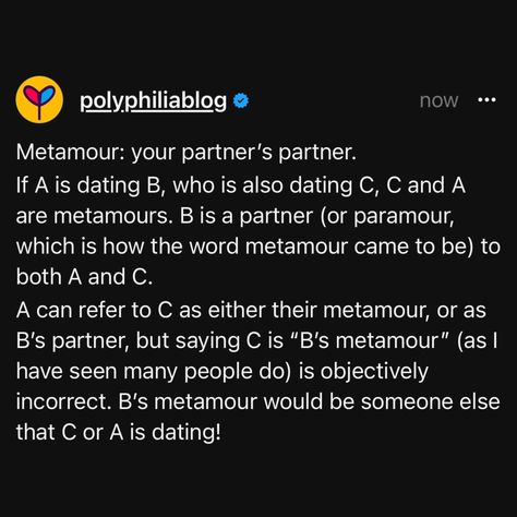 A lot of you are using the word “#metamour” incorrectly. Some of you may not even know what the word means! So here’s a post to clear it up for you. Want more content? You can support my work in non-monogamy education and awareness by checking out the l!nk in my b!o, where you’ll find out about my peer support service, merch, podcast, and much more 🌈 #polyamory #polyamorous #nonmonogamy Ethical Non Monogamy, Non Monogamy, Umbrella Term, Peer Support, Podcast, Funny Pictures, Spirituality, Education, Memes