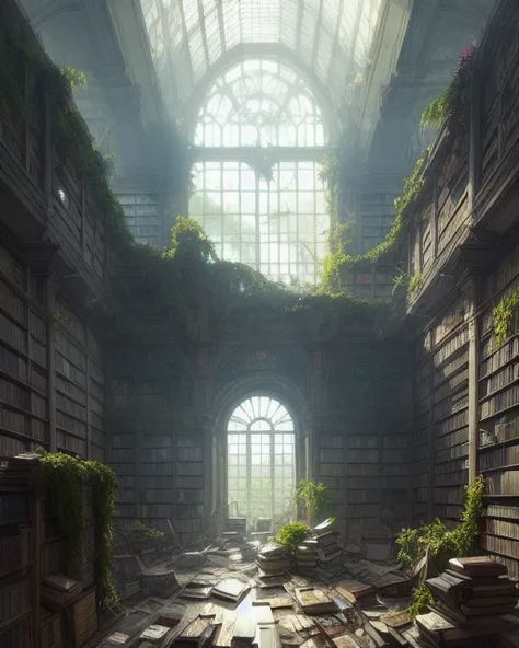 A Large Library, Overgrown, In Disarray, Books Everywhere, Weathered; 8k Resolution, Concept Art, By Greg Rutkowski, Dynamic Lighting, Hyper made using starryai - Free AI Art Generator App Library Environment Concept Art, Overgrown Fantasy City, Ruined Library Fantasy Art, Overgrown Library Aesthetic, Large Library Aesthetic, Dnd Environment Art, Overgrowth Art, Library Concept Art, Overgrown Library