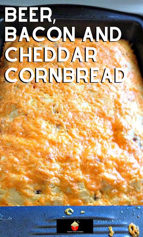 Beer, Bacon and Cheddar Cornbread. An easy recipe with a great flavour combination. Goes well with soups, chili, stews or simply on it's own! Bacon Cornbread, Pork Casserole, Cheddar Cornbread, Beer Bacon, Cornbread Casserole, Cheesy Mashed Potatoes, Slow Cooker Pasta, Slow Cooker Roast, Beer Bread