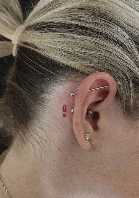 Queen Of Hearts Tattoo, 2023 Tattoo, Red Ink Tattoo, Behind The Ear Tattoo, Small Girly Tattoos, Ear Tattoo Ideas, Small Pretty Tattoos, Petite Tattoos, Red Ink Tattoos