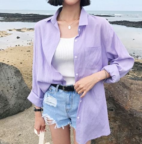 Lucy (pilot) Moda Ulzzang, Korean Fashion Summer, Pastel Outfit, Purple Outfits, Korean Fashion Trends, Purple Shirt, Inspired Outfits, Purple Fashion, Outfits Casual