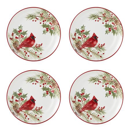 This salad plate set from North Pole Trading Co. will add a delightful festive spirit to your dining table during the holidays. Made from stoneware with a holly berry and cardinal design, this set of four plates also features a red trim and will be a hit with guests or loved ones. Complement it with the coordinating dinner plates and other items from the brand's collection.# Pieces In Set: 4Features: Rim, Dishwasher Safe, Microwave SafePlace Setting: Service for 4Shape: RoundMeasurements: 8.85 W Cardinal Design, Christmas Dinnerware, Winter Salad, Holly Berry, Salad Plate, Christmas Table Decorations, Miniature Garden, North Pole, Dinnerware Set