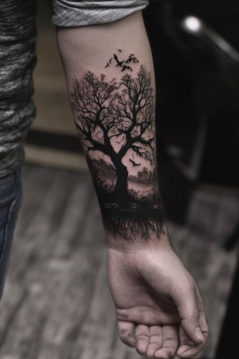 Tree tattoo with flying birds on the forearm. Macabre Artwork, Dark Tattoo Designs, Mens Forearm Tattoos, Mysterious Symbols, Dark Tattoo Ideas, Grim Fairy Tales, Creepy Beautiful, Flock Of Crows, Embrace Your Dark Side