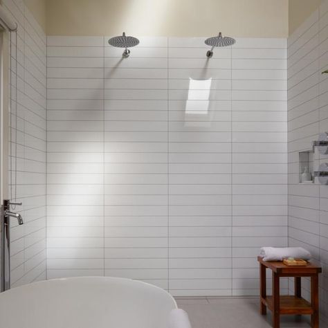 White Tile Bathroom Walls, White Tile Shower, White Bathroom Tiles, Wet Room, Bathroom Wall Tile, Tile Shower, White Tiles, Wet Rooms, Shower Tile