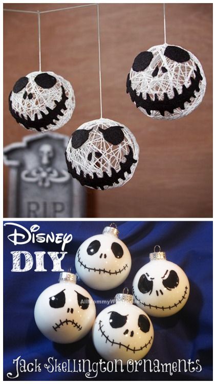 DIY Holiday Jack Skellington Ornaments. Top Photo: DIY Jack... Nightmare Before Christmas Diy Ornaments, Jack Skellington Ornaments Diy, Diy Jack Skellington Decoration, Diy Nightmare Before Christmas Ornaments, Jack Skellington Christmas Tree, Jack Skellington Ornaments, Diy Jack Skellington, String Ornaments, Halloween Jack Skellington