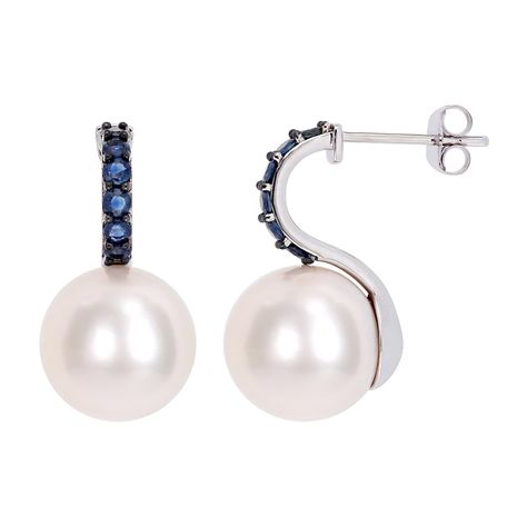 Dress to impress whenever you don these Stella Grace sapphire and freshwater cultured pearl earrings. Dress to impress whenever you don these Stella Grace sapphire and freshwater cultured pearl earrings.   EARRING DETAILS  Length: 13 mm 10k white gold Backings: post Finish: polished Packaging: boxed  CULTURED PEARL DETAILS  Type: freshwater Shape: round Size: 11 mm - 12 mm Color: white  STONE DETAILS  Stone type: sapphire Total weight: 5/8 ct. Shape: round Setting: prong     Gemstones may have b White Gold Drop Earrings, Unique Earring, White Gold Sapphire, Stylish Earring, Pearl Types, Freshwater Cultured Pearls, Black Rhodium, Smart Design, Stunning Earrings