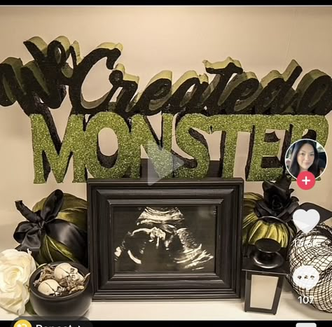 Horror Themed Baby Shower Ideas, Goth Gender Reveal Ideas, Goth Baby Announcement, Adams Family Baby, Gothic Baby Shower Ideas, Spooky Sprinkle, Family Baby Shower Ideas, Gothic Baby, Goth Baby