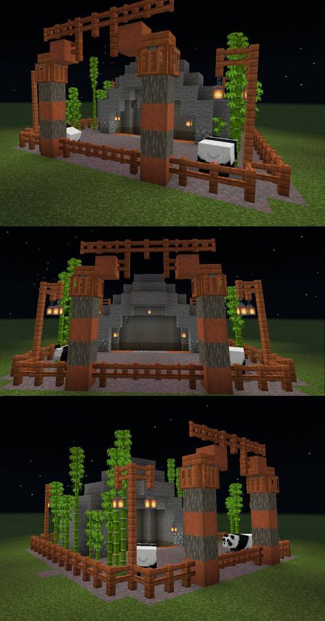 Panda Area Minecraft, Minecraft Panda Enclosure Build, Minecraft Panda Farm, Panda Home Minecraft, Panda Enclosure Minecraft Ideas, Minecraft Zoo Entrance Ideas, Minecraft House Toturial, Panda House Minecraft, Panda Minecraft Build